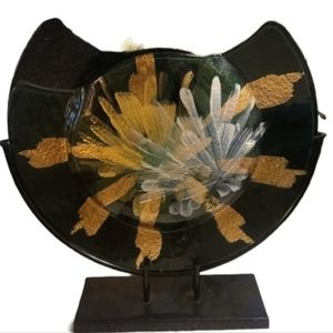 Fused Glass Abstract 15" Art~Metallic Floral Design on Blk including Metal Stand